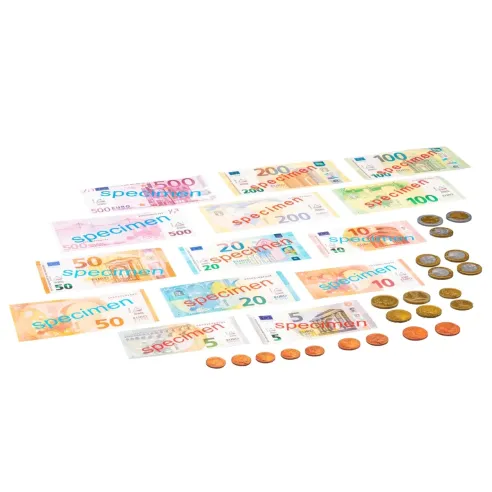 Assortiment de 22 pièces et 22 billets factices en euros